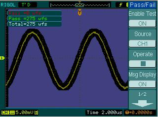 Example 9: Pass/Fail Test When running test function the oscilloscope automatically examines the input signal, compared to the already built waveform mask.