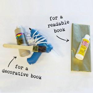 OK, so here is what we need if we want to make ourselves a decorative display book. You need glue (hot glue in this case) gold or metallic paint, and a brush.