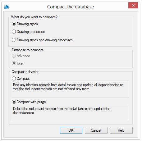 Compacting the database The database size may increase after deep copying a drawing style. The Compact database function is used to decrease the size of the database.
