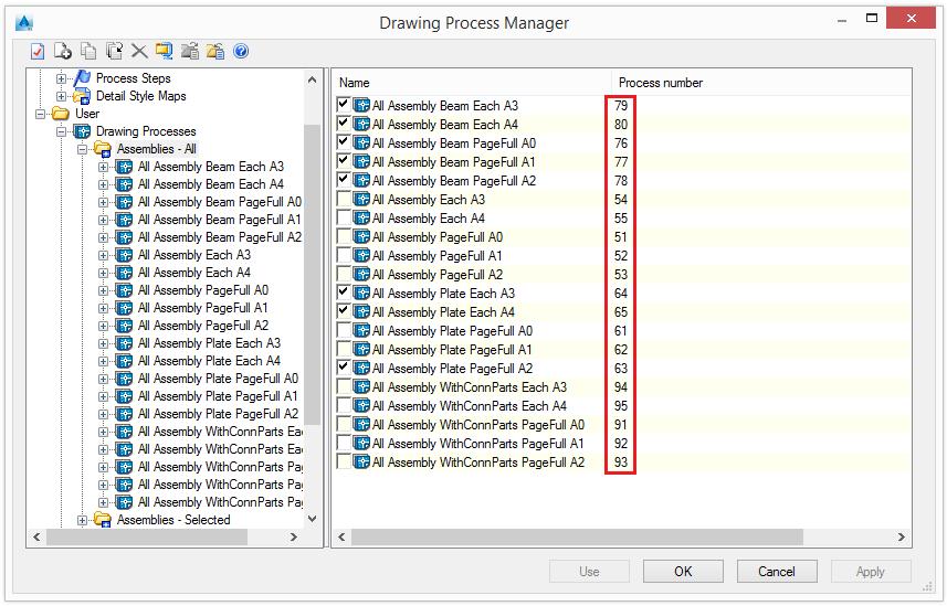 Example: Figure 78: Drawing Process Manager - Process numbers _AstM4CommDetailingProc User 52 calls the drawing process All Assembly PageFull A1 Process Definition