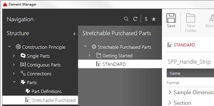 Create new SPP 169 Now in the next step a stretchable purchased part is assigned to the new created cross-section. Therefore close the Element Manager and then open it again via the menu Main Data. 5.
