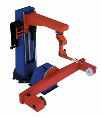 Rotating vertical stroke for overhead robot mounting At the rotating vertical stroke a robot is mounted in overhead position on an extension arm.