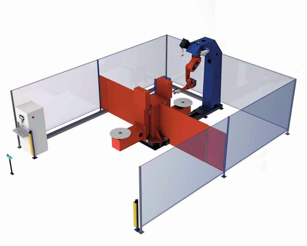 Compact system C60 "Ready to weld system" with two-station rotary table incl. a turn/tilt axis per station. The robot is mounted in overhead position on a C frame.
