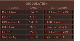 4.6 MODULATIONS panel The Synth Engine already contains some common prewired modulations (Amp Velocity, Filter Velocity, Key to Cutof Filter, Mod Env to Cutof flter).