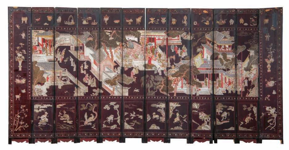 98 LOT 487 A magnificent Chinese twelve panel coromandel lacquer birthday screen, the back side decorated with the eight