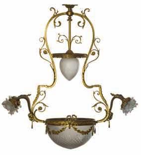 lights chandelier with frosted flame shaped shades, 19thC, H 100 cm