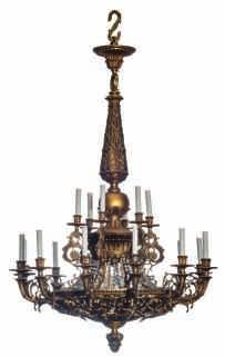 shades, H 100 cm - ø 80 cm A Belle Epoque gilt brass chandelier with