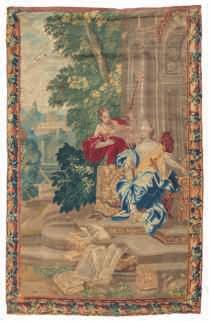 Flemish 17thC verdure wall tapestry, the foreground with a rooster and