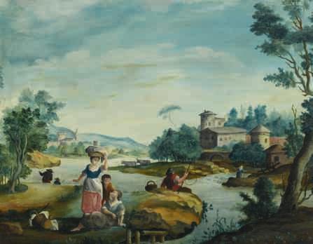 ), a rural view with a fisherman, oil on canvas,