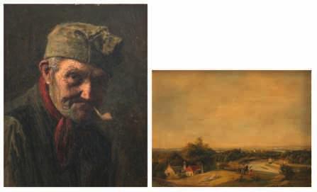 , a landscape with figures, oil on panel 18,3 x 24,4 cm 150-250 No visible signature, Veronica s veil, oil on an oak