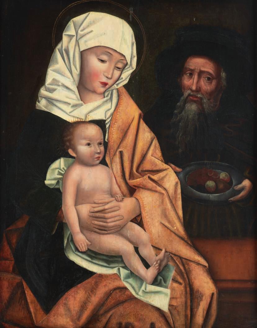 198 LOT 959 No visible signature, the Holy Virgin and Child with in the back a donor of fruits, oil on a cradled panel,