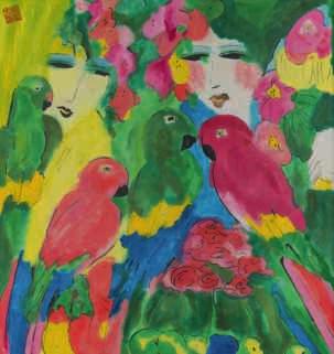 ), parrots and women, gouache on paper, 84 x 90