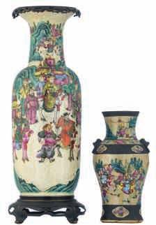 depicting Shou Xing, marked, H 32-43 cm A pair of Chinese cloisonné enamel vases, the friezes