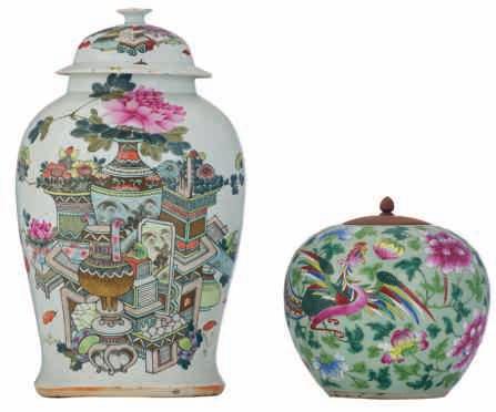 LOT 197 A Chinese famille rose vase and cover, decorated with antiquities, flower branches and calligraphic texts, marked; added a ditto