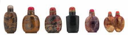 snuff bottles with semi precious stone stoppers, some with gilt bronze mount; added a ditto two conjoined snuff bottle, H 6,5-9 cm