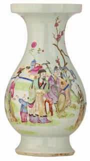 a river landscape and calligraphic texts, H 9 cm A fine Chinese famille rose bottle vase, decorated with birds, chrysanthemum and