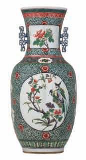 floral decorated vase, the roundels with birds, butterflies and flower branches, H 47 cm