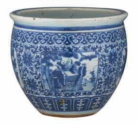 calligraphic texts, signed, H 30,5 cm 600-1000 A Chinese blue and white basin, decorated with scrolling flower