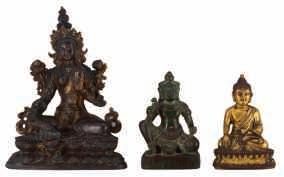 LOT 424 LOT 425 LOT 426 A Himalayan gilt bronze figure depicting Bodhisattva standing on a lotus base, H 21,5 cm 400-800 Two Oriental patinated and gilt bronze deities, one deity with semi-precious