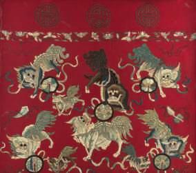 decorated with dragons and waves, H 104 - W 195 cm A Chinese Imperial brownish ground silk and gold thread robe,