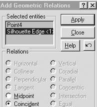 43) Add geometric relations. Click Add Relations. Click the arc center point. Click the horizontal line (silhouette edge) of the Base-Revolve feature. Click the Coincident button. Click Apply.