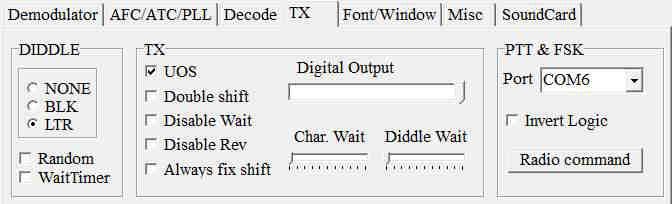 15. Select the TX tab 16. Set PTT & FSK to the port used for Router's FSK port. 17. Select the Misc Tab 18. Select Source = Left 19. Set Clock = 12000 Hz 20. Set Tx Port to COM-TxD(FSK) 21.
