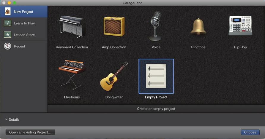 Figure 20 Apple GarageBand 10 1. Open GarageBand and create a new project. You will be prompted to select the kind of project (Figure 20). Select Empty Project and click Choose. 2. To add your first track, select an input (Figure 21) and at My instrument is connected with:, select QSC TM30 Pro.