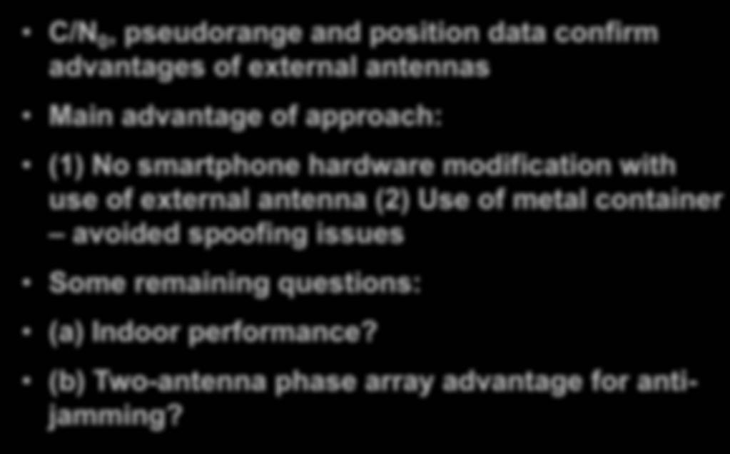Conclusions (Huawei Mate 9) C/N 0, pseudorange and position data confirm advantages of external antennas Main advantage of approach: (1) No smartphone hardware modification with use of external