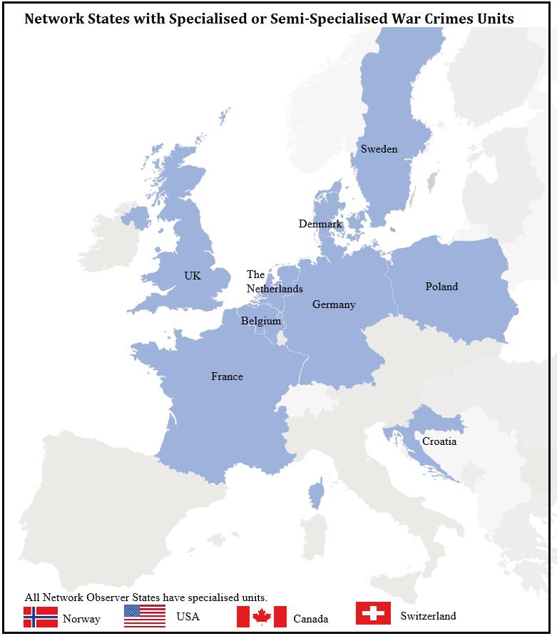 Statele care fac parte din rețea care au unități specializate sau semispecializate în crimele de război Suedia Danemarca Regatul Unit Țările de Jos Belgia Germania Polonia Franța Croația Toate