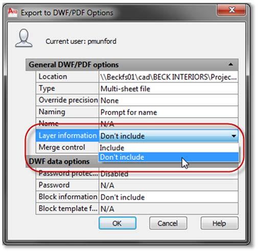 Note: To turn off Layer export for AutoCAD s EXPORTPDF Command. A) Click on the Export to DWF/PDF options button.