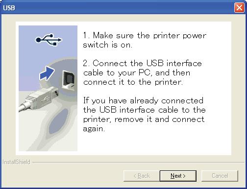 USB Windows i Când apare acest ecran, asiguraţi-vă că imprimanta este pornită. Conectaţi cablul USB la conectorul USB marcat cu un simbol şi apoi conectaţi cablul la computer.