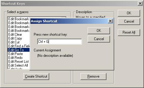 Tools Menu (Administrator Login) 3-29 From the Select a macro list chose the desired operation for shortcut creation, click the Create Shortcut button and the Assigned Shortcuts message box appears.