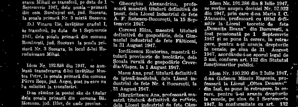 Cristescu Maria, profesoari maestri titulari definitivi de croitorie, dela Liceul industrial de fete Targoviste, la 31 August 1947. Dimitriu Al.