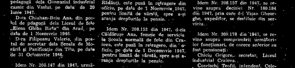 Clildäruae Ana, femeie de serviciu la Scoala normalá de fete din Craiova, este pusä in retragere, din o- ficiu, pe data de 1 Decemvrie 1947, pentru limit& de virsta, spre