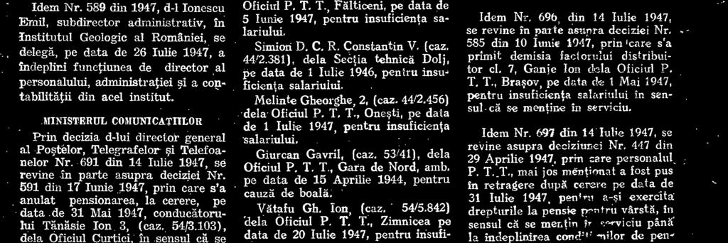 T., Onesti, pe data de 1 Iulie 1947, pentru insuficierrta salariului, Giurcan Gavril, (caz, 53/41), dela Oficiul P. T. T., Gara de Nord, amb. pe data de 15 Aprilie 1944, pentru cauza de boala.