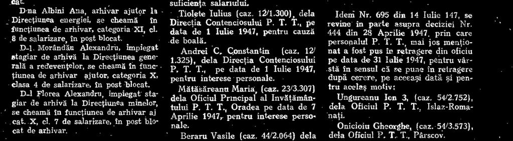 Serghie, (caz, 12/1.262) dela Directia Contabilitatii P. T. T., pe data de 16 Iunie 1947, pentru cauza de boala. Sbocinschi D, Petre (caz, 12/1.289) dela Directia Ccntabilitatli P. T. T., pe data de 30 lunie 1947, pentru insuficienta salariului.