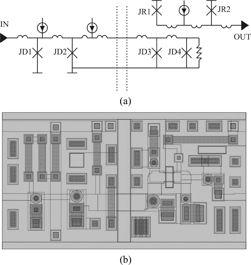 2 IEEE TRANSACTIONS ON APPLIED SUPERCONDUCTIVITY, VOL. 19, NO. 3, JUNE 2009 Fig. 2. Driver-receiver pair (DRP) for serially biased circuits: simplified schematic (a) and layout (b).