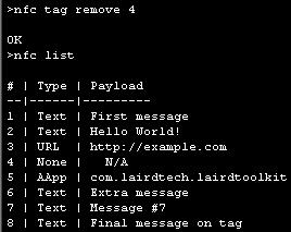 Figure 20: Removing a tag Figure 21: Re-adding a tag after deleting Table 6: Commands for multiple NDEF messages Command Description smartbasic Command nfc tag add nfc tag remove #id# nfc tag type
