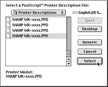 MAC OS 9.0-9.2.2 9 Selectati fisierul PPD. 12 Selectati configuratia echipamentului. (1) Selectati optionalele care sunt instalate pe echipament.