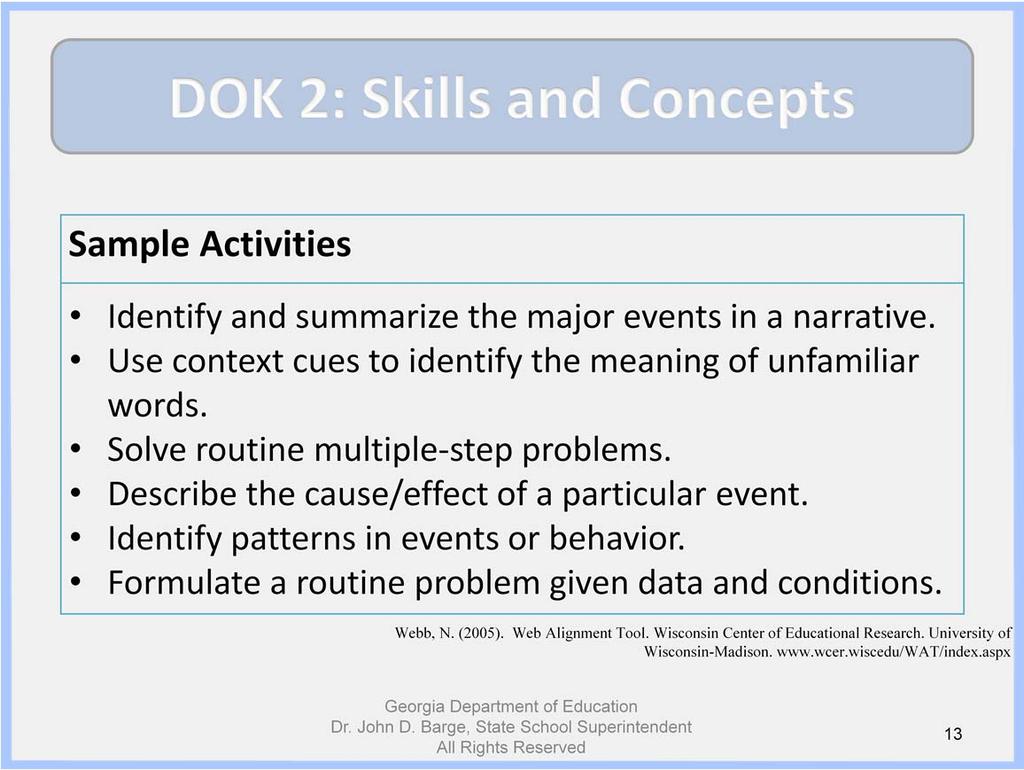 Please review the DOK Level 2 activities on the slide.