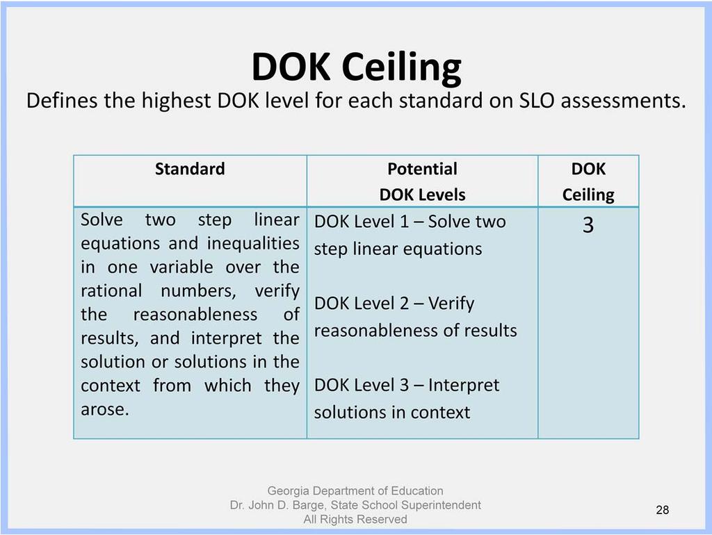 DOK levels can be cumulative because each level builds on the previous level. With DOK, the highest level of cognitive processing for a standard is called the ceiling.