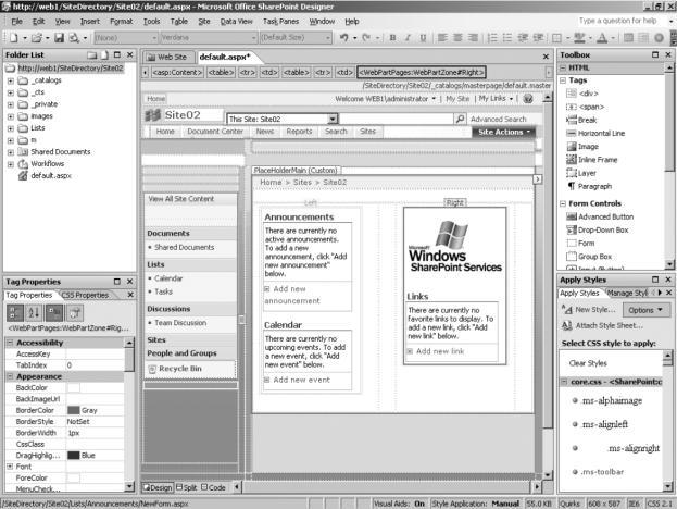 Figura 159: Interfața SharePoint Designer 2007 Panourile sunt descrise mai jos: Folder List afișează toate directoarele și fișierele din site Tag Properties furnizează o vedere a tuturor atributelor