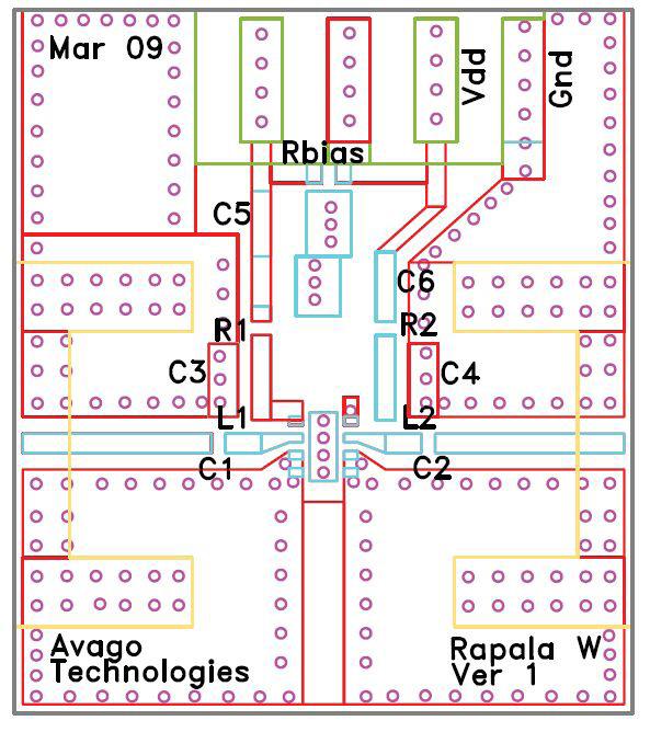 Demo Board Layout Demo Board Schematic C (.7uF) Rbias (3.kOhm) Vdd C (.7uF) C3 (1pF) R1 (9.9 Ohm) R ( Ohm) C (1pF) L1 (.8nH) L (.8nH) RFin [1] [] bias [8] [7] C1 (1pF) [3] [] [] [] C (1pF) Figure.