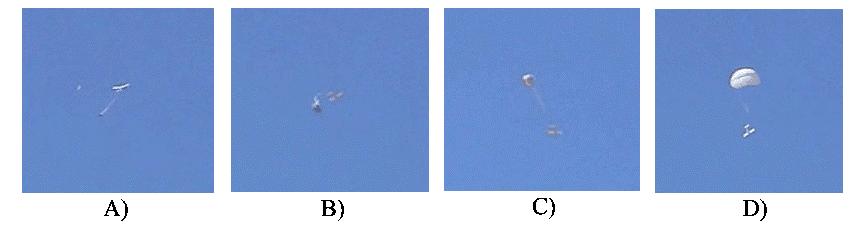 Figure 5. Parachute recovery system in action. A) Parachute system deploys and plane pitches up. B) Plane begins to descend, curling over parachute and chute begins to inflate.