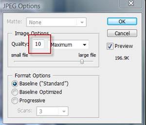 Set Quality to 10 Choose Baseline Option Figure 14, Adobe Photoshop JPEG Options Dialog Set Quality to 10.
