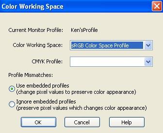 To set the color space, choose the menu option File/Color Working Space. The dialog in Figure 2 appears.