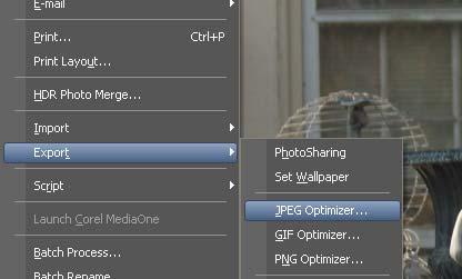PaintShop Pro Compression Setting Saving a file in JPEG format in PaintShop Pro requires the user to select menu option File/Export/JPEG Optimizer