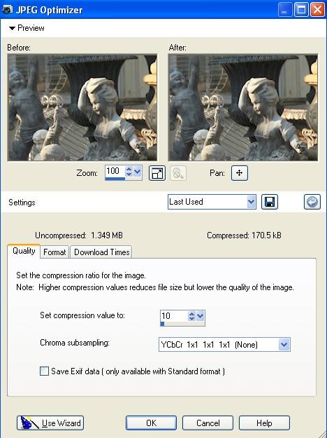 The JPEG optimizer is where you set the JPEG quality. PaintShop Pro sets the compression ratio, which is a method for reducing file sizes.