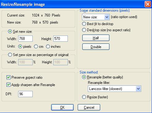 IRFANVIEW SOFTWARE IrfanView Resizing To resize an image, from the menu select Image/Resize-Resample and the dialog as shown in Figure 9 appears. Set pixels with one of these controls.