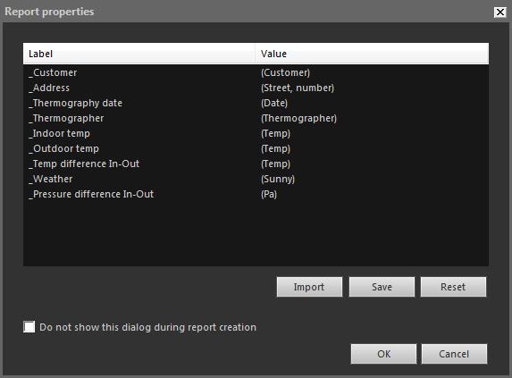 16 Creating reports 3. In the dialog box that appears, enter the customer information and information about the inspection in the right column. Use the TAB key to go between fields. 4. Click OK.